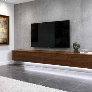 Japandi TV Meubel Walnoot – Floating Curved Cabinet – Volledig Gemonteerd